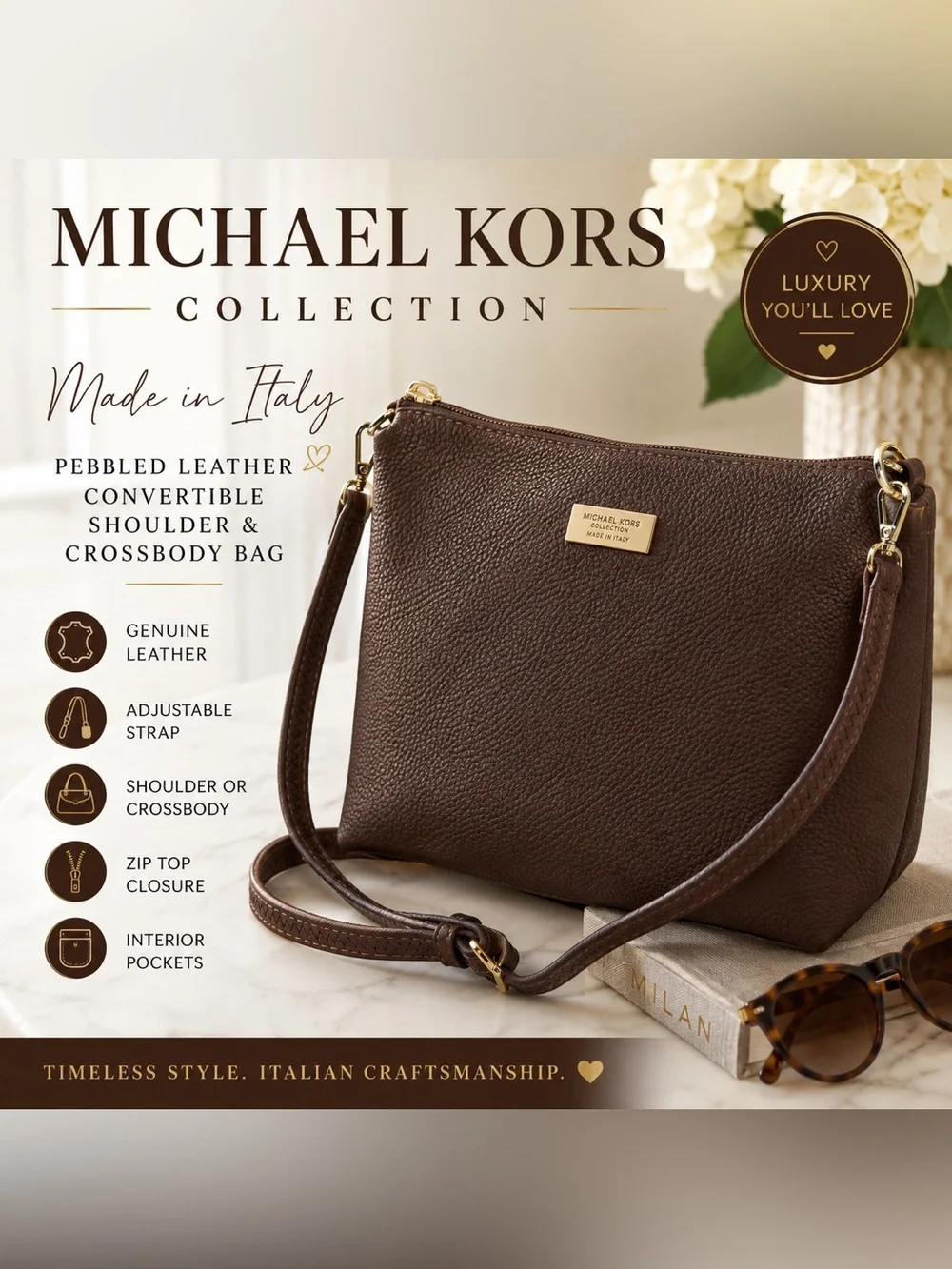 Michael Kors Collection Made in Italy Brown Pebbled Leather Shoulder Bag
